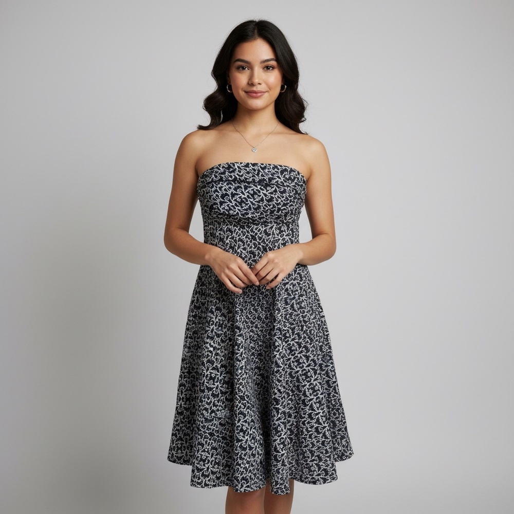 VTG J. Crew Blue Printed‎ Babydoll Strapless Dress, 10